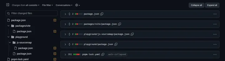 Files changed with Collapse all and Expand all buttons and an auto-collapsed pnpm-lock.yaml