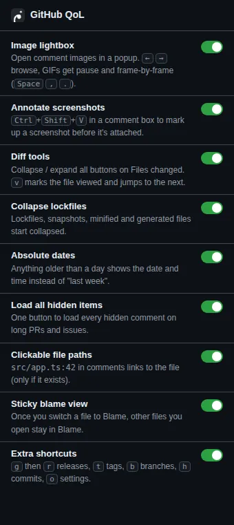 Extension popup listing each feature with a toggle