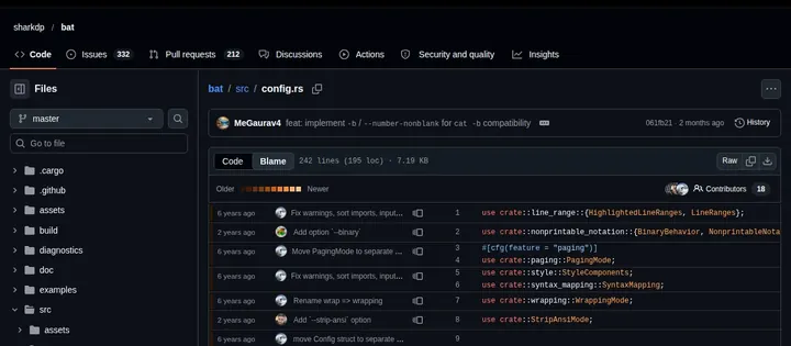 A file open in Blame view