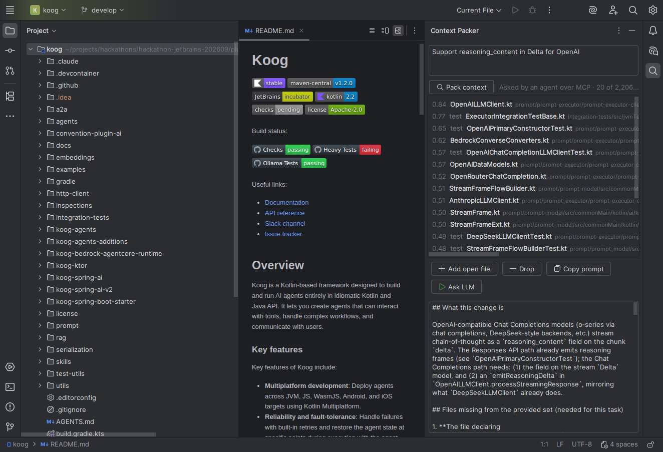 The Context Packer panel with an LLM answer at the bottom that names the exact method to change