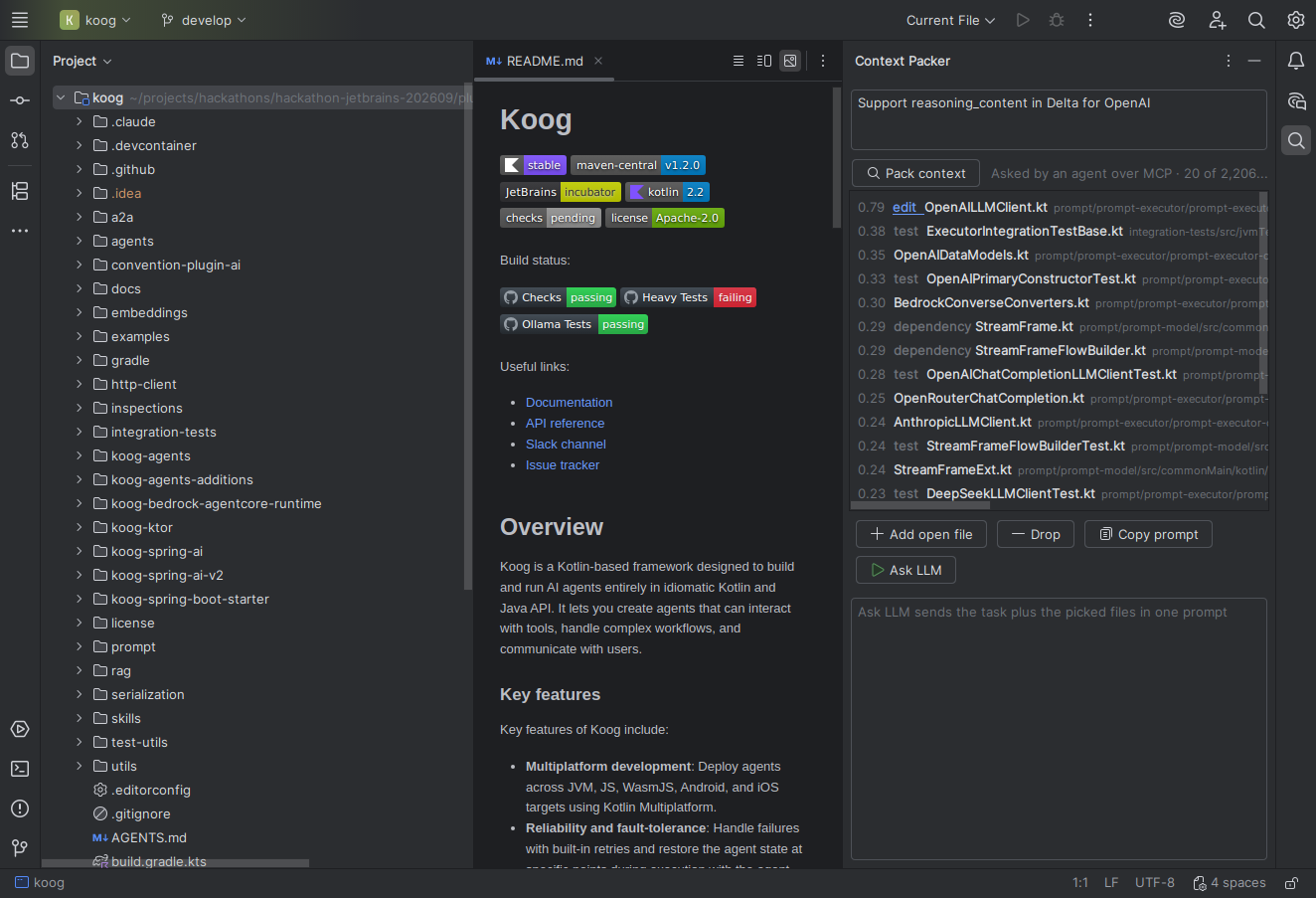 IntelliJ with the Context Packer panel on the right, listing ranked files with role labels such as edit, test and dependency